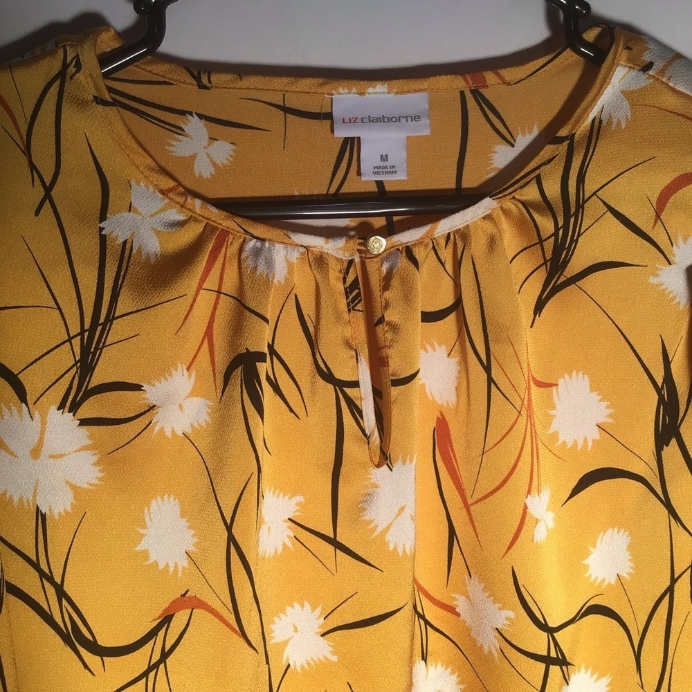 LIZ Claiborne blouse dandelion print top yellow black white loose fit Size Med - Picture 5 of 9